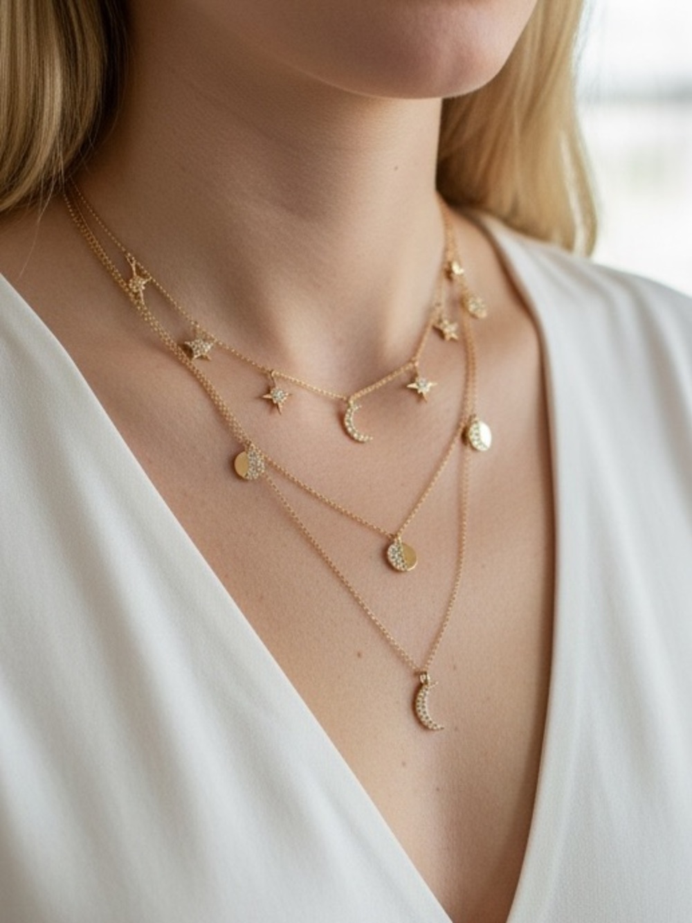 Boho Moon Phases Layered Star Diamond Necklace - Picture 4 of 5